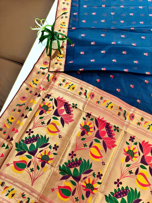 Paithani Silk Saree with Floral Motifs and Zari Pallu - NAVY BLUE