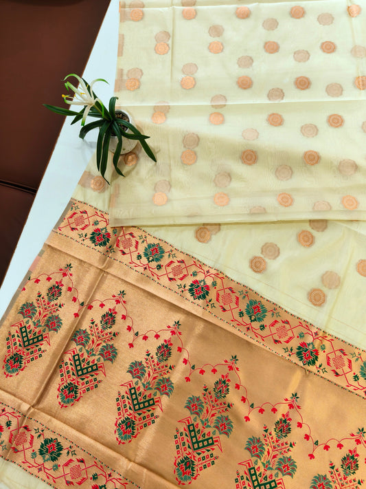 Maharashtrian Paithani Silk Saree - OFF WHITE