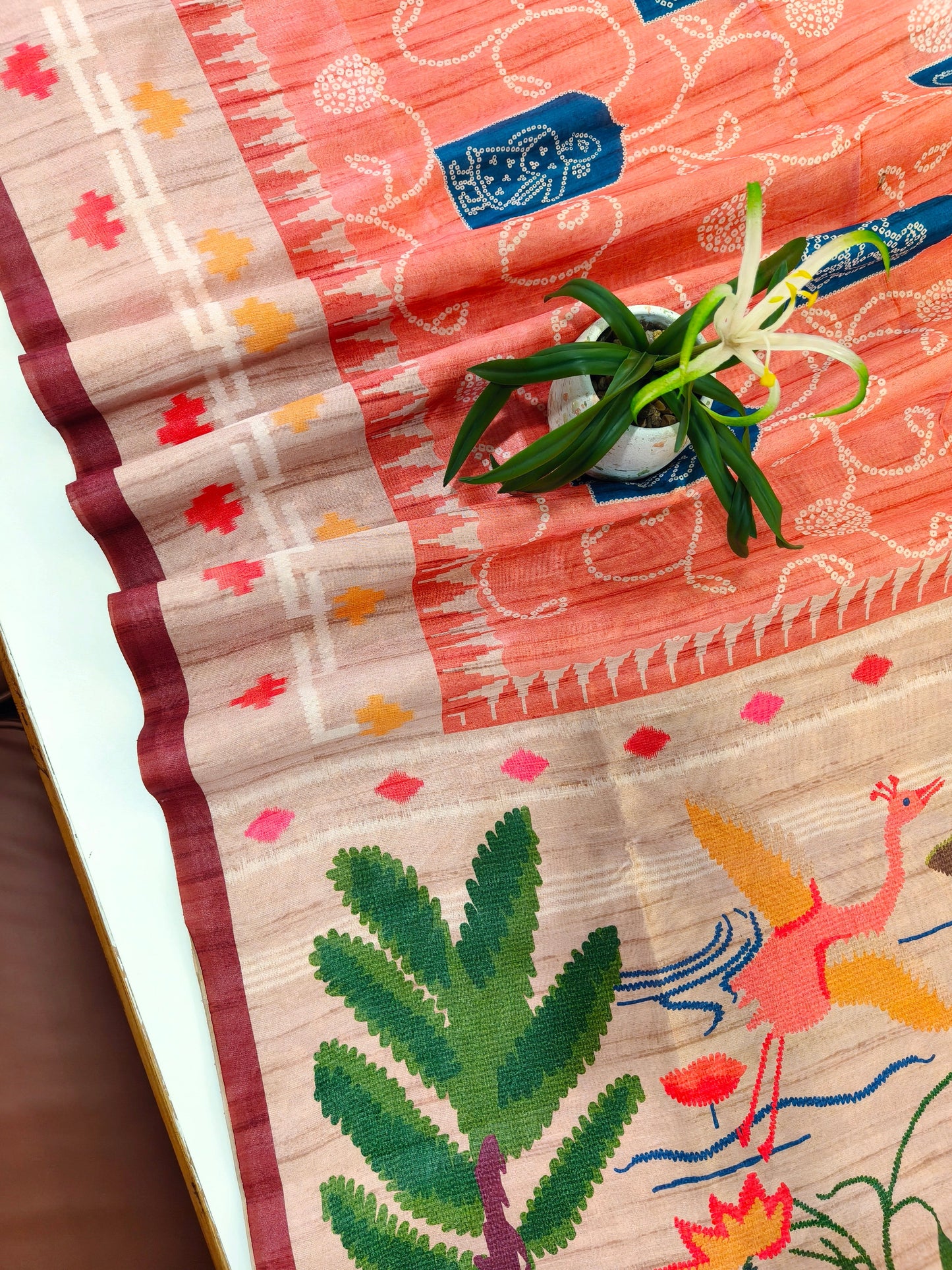 Kalamkari Printed Silk Blend Saree with Bandhani Pallu-ORANGE