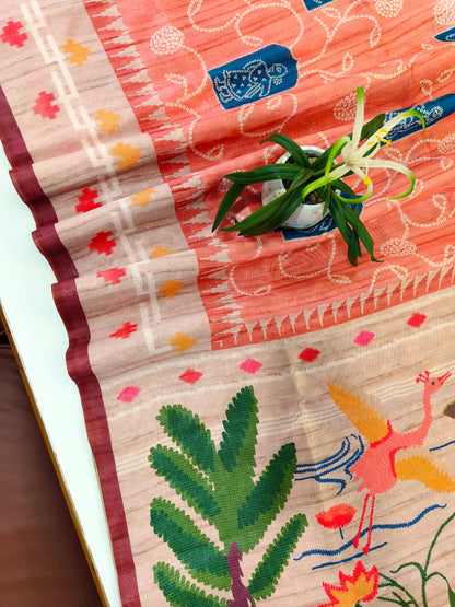 Kalamkari Printed Silk Blend Saree with Bandhani Pallu-ORANGE