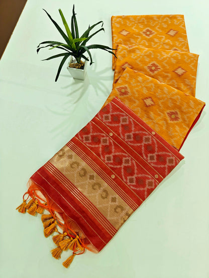 Raw Silk Ikkat Saree With Zari Woven Border-orange