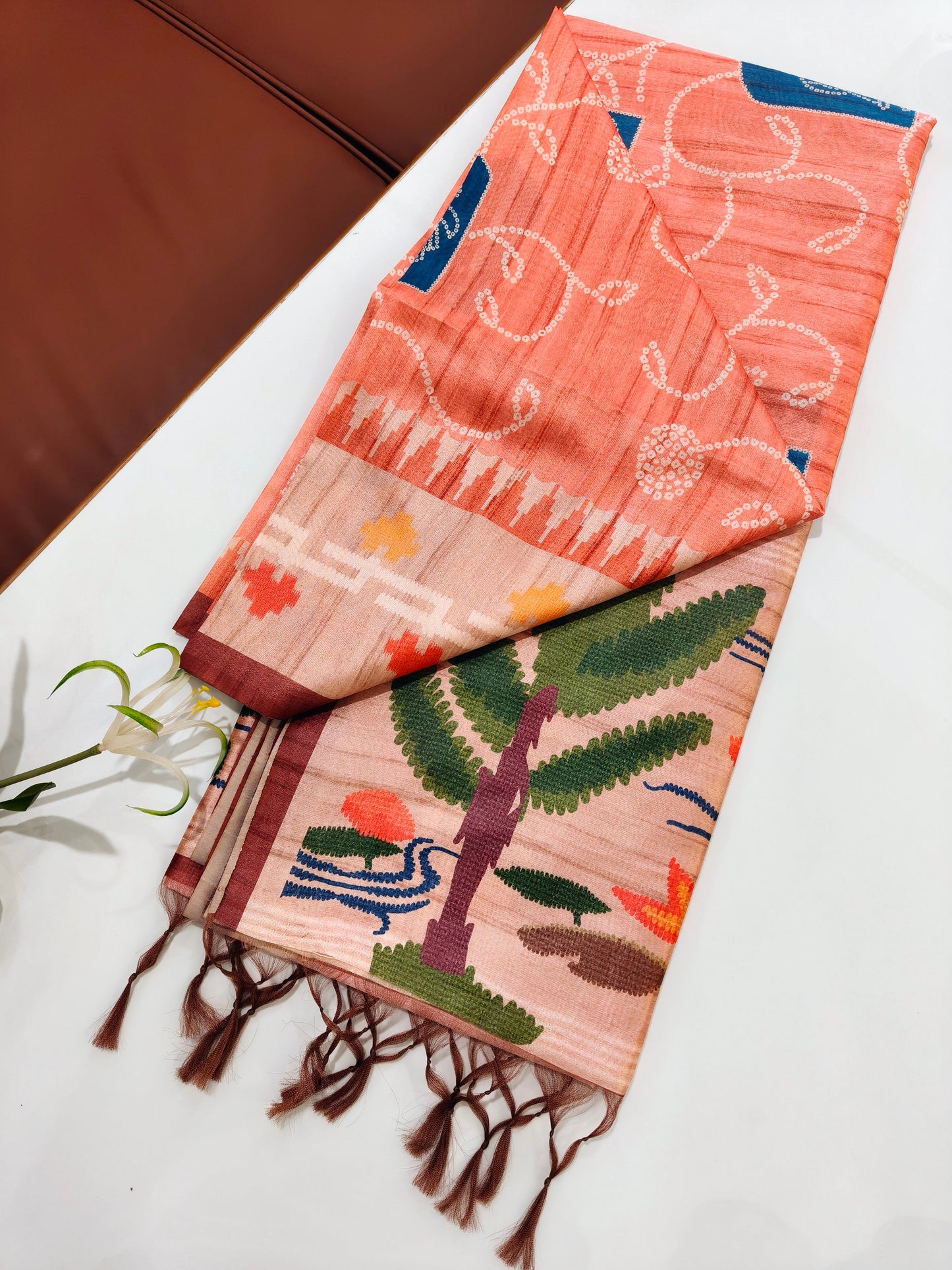 Kalamkari Printed Silk Blend Saree with Bandhani Pallu-ORANGE