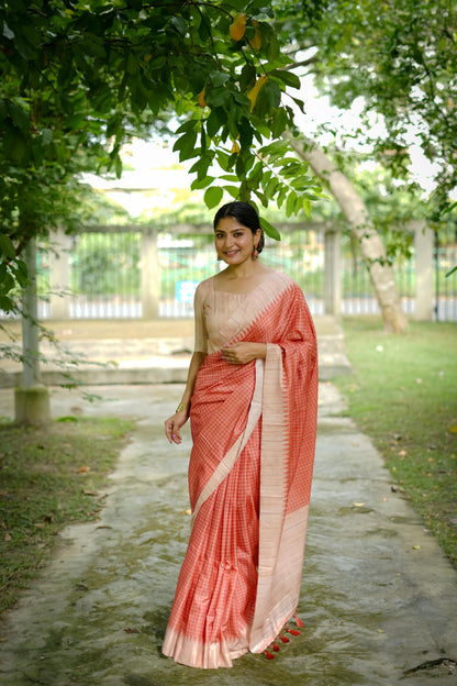 Aarita Authentic Ikkat Handloom Saree- ORANGE