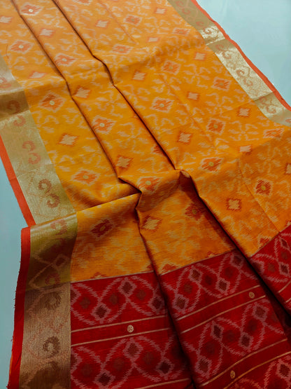 Raw Silk Ikkat Saree With Zari Woven Border-orange