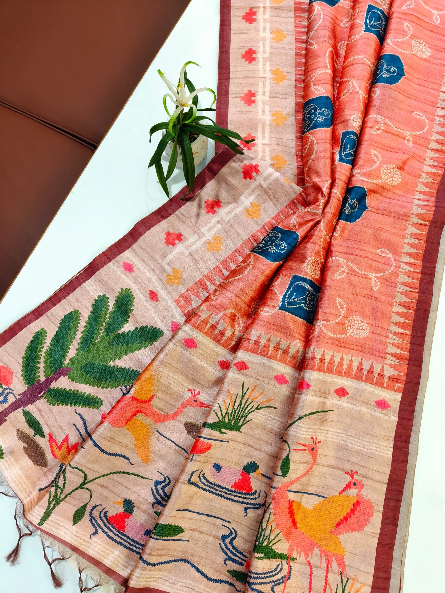 Kalamkari Printed Silk Blend Saree with Bandhani Pallu-ORANGE