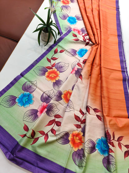 Modern Ethnic Saree with Floral Design -  ORANGE