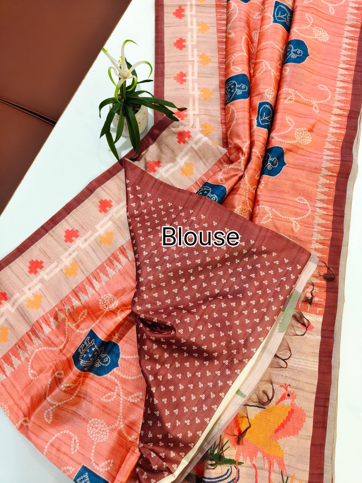 Kalamkari Printed Silk Blend Saree with Bandhani Pallu-ORANGE