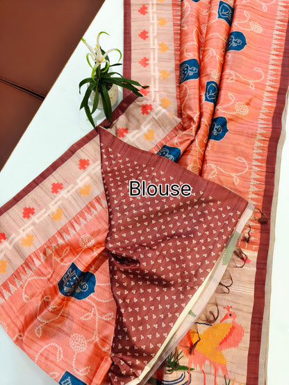 Kalamkari Printed Silk Blend Saree with Bandhani Pallu-ORANGE