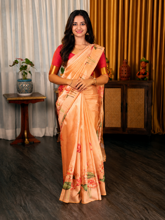Premium Lotus Print Tussar Silk Saree - PEACH