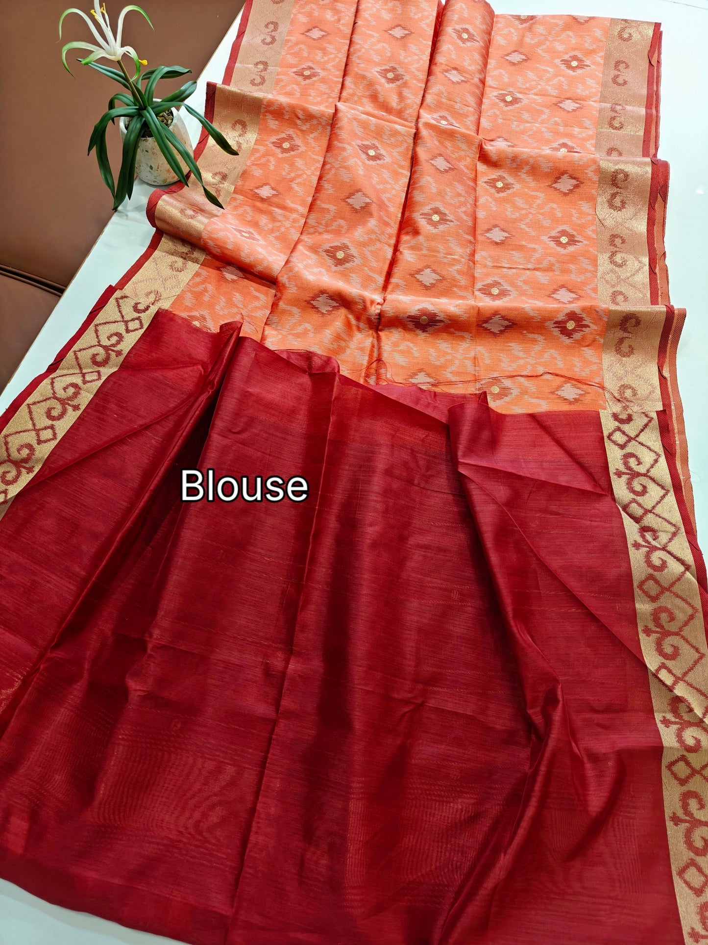 Raw Silk Ikkat Saree With Zari Woven Border-PEACH
