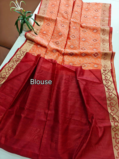 Raw Silk Ikkat Saree With Zari Woven Border-PEACH