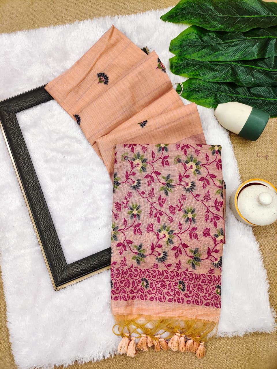 Elegant Chanderi Cotton Saree with All-Over Floral Weaving- PEACH