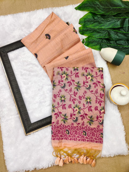 Elegant Chanderi Cotton Saree with All-Over Floral Weaving- PEACH