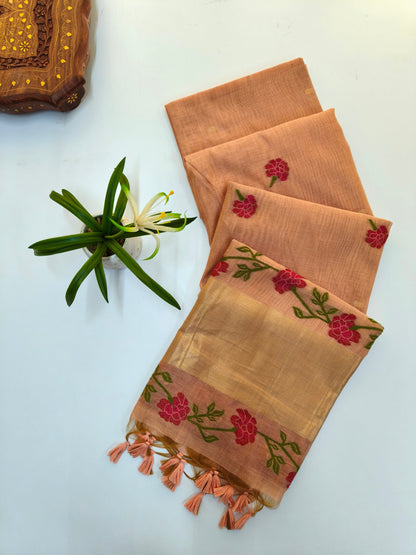 Peach Muga Cotton Saree | Floral Motif | Golden Zari Border | Ethnic Wear