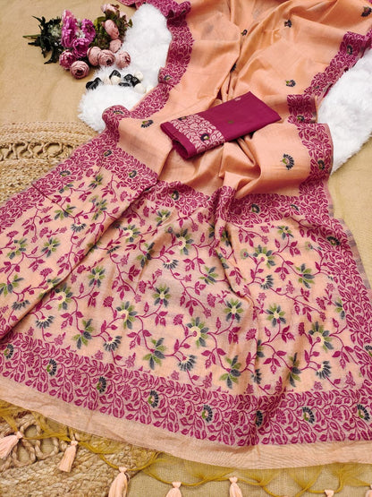 Elegant Chanderi Cotton Saree with All-Over Floral Weaving- PEACH