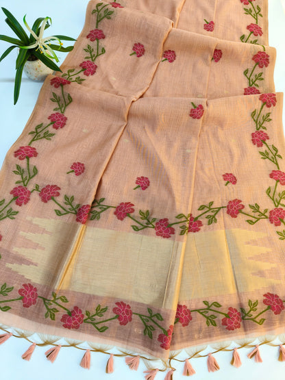 Peach Muga Cotton Saree | Floral Motif | Golden Zari Border | Ethnic Wear