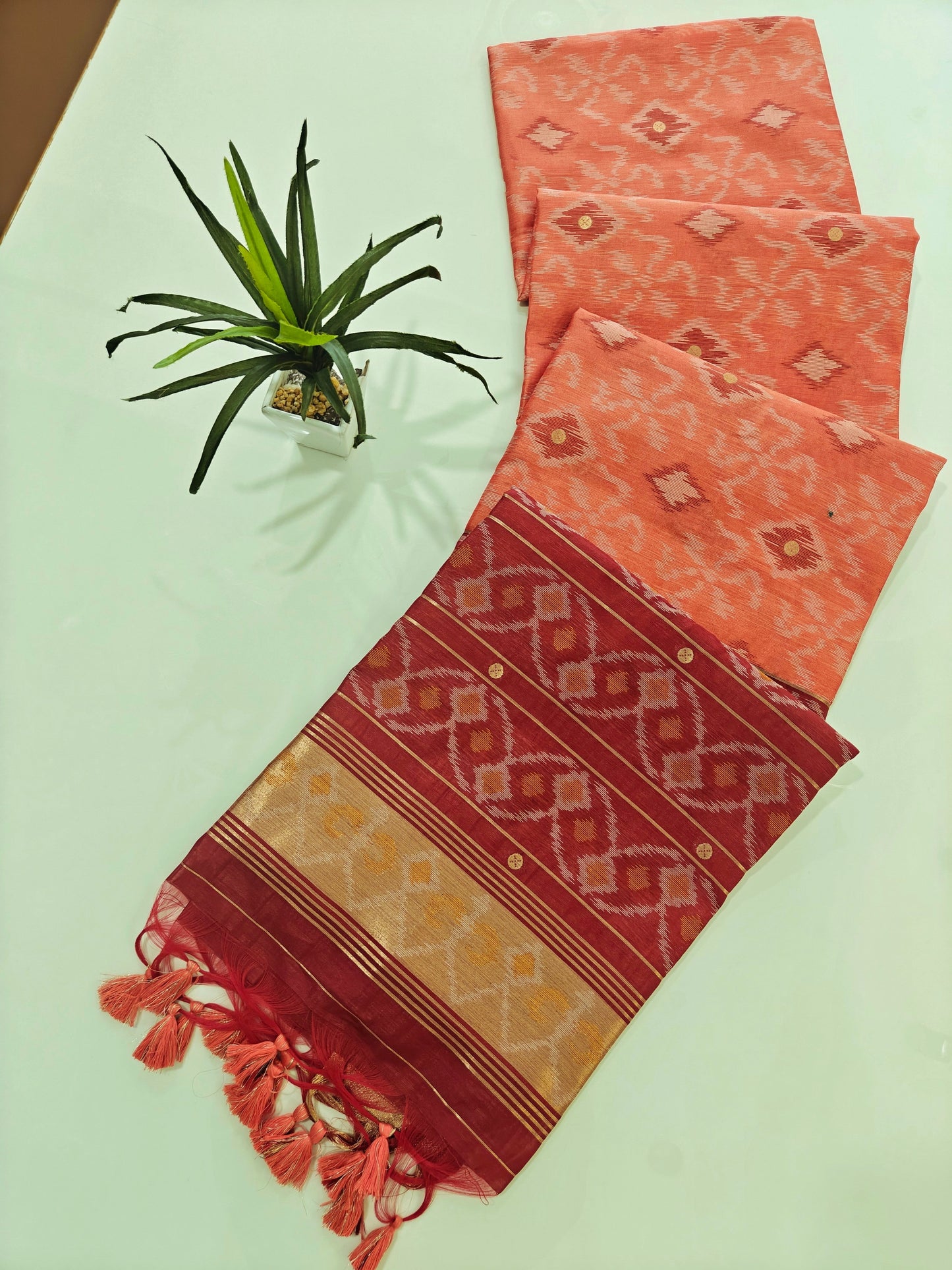 Raw Silk Ikkat Saree With Zari Woven Border-PEACH
