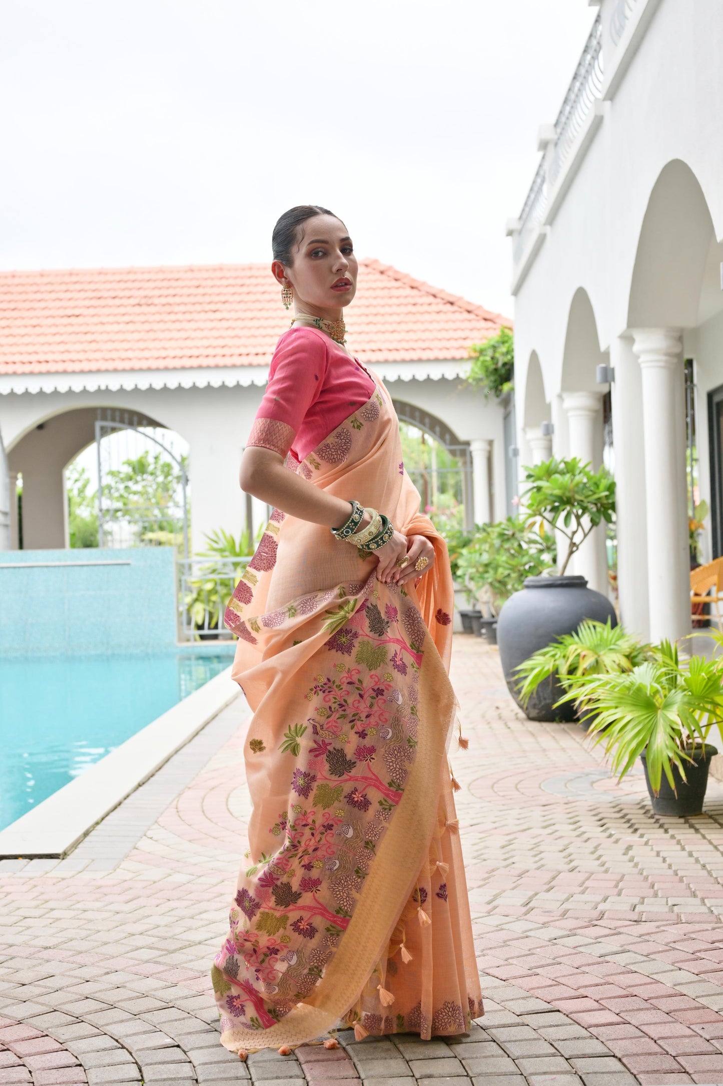 Premium Chanderi Cotton Handloom Saree-PEACH