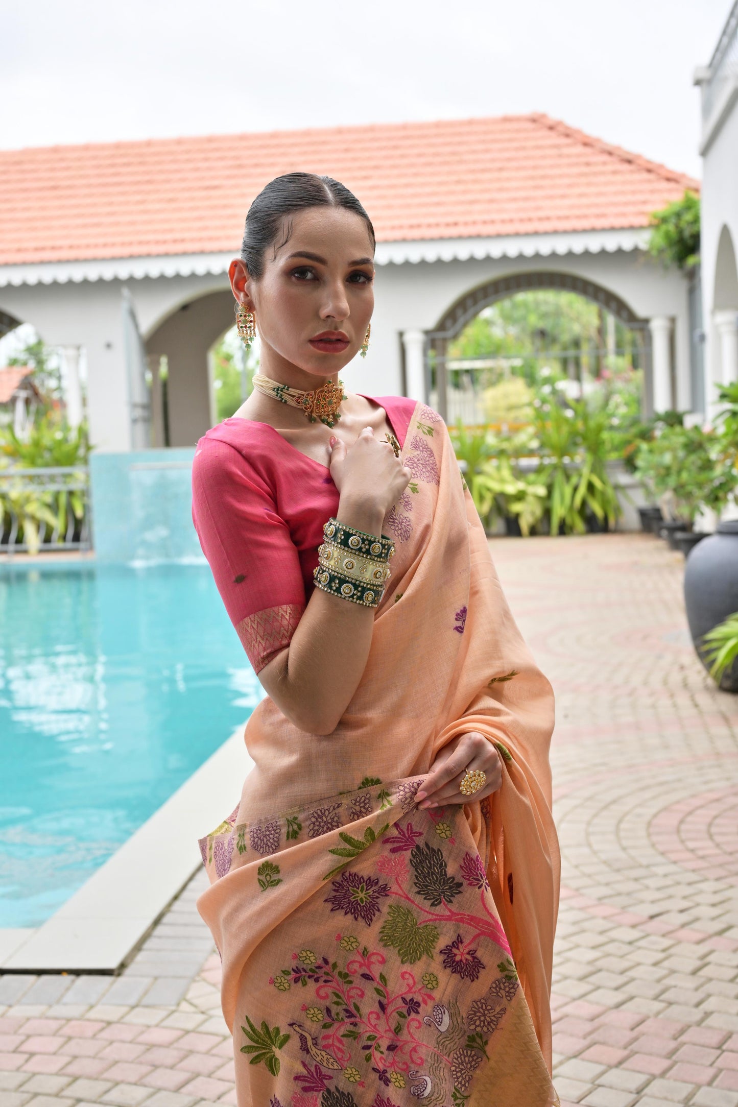 Premium Chanderi Cotton Handloom Saree-PEACH