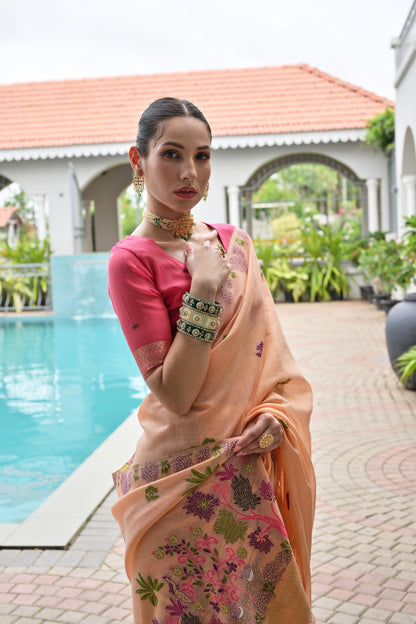 Premium Chanderi Cotton Handloom Saree-PEACH