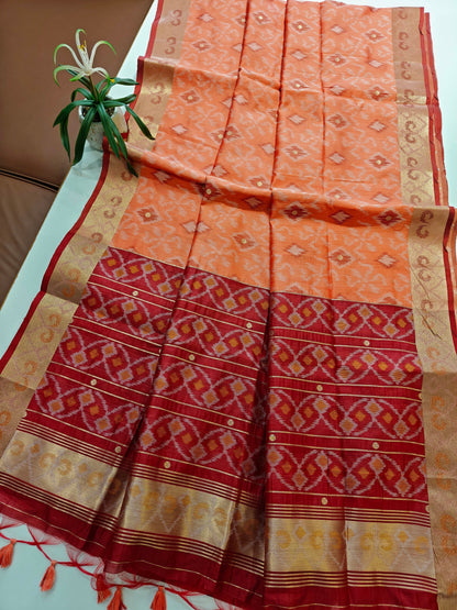 Raw Silk Ikkat Saree With Zari Woven Border-PEACH