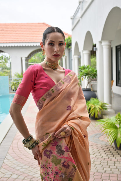 Premium Chanderi Cotton Handloom Saree-PEACH