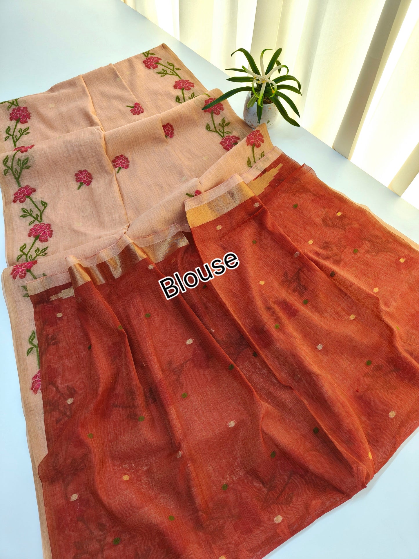 Peach Muga Cotton Saree | Floral Motif | Golden Zari Border | Ethnic Wear