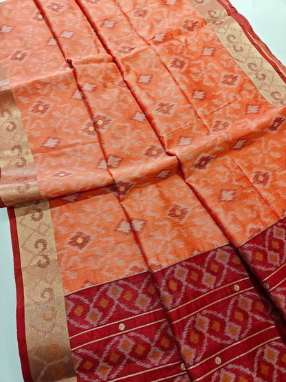Raw Silk Ikkat Saree With Zari Woven Border-PEACH