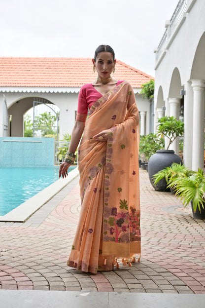 Premium Chanderi Cotton Handloom Saree-PEACH