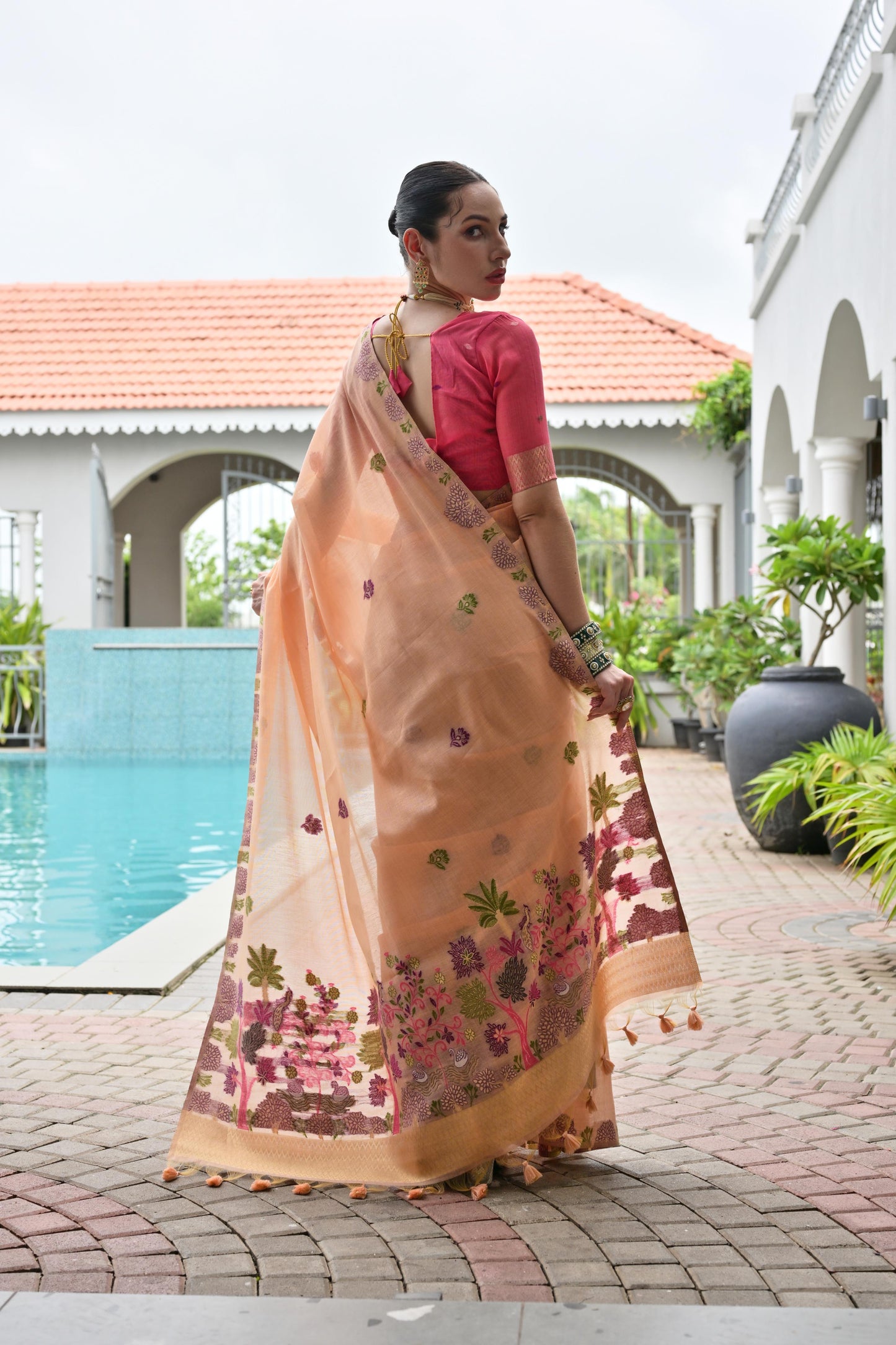 Premium Chanderi Cotton Handloom Saree-PEACH