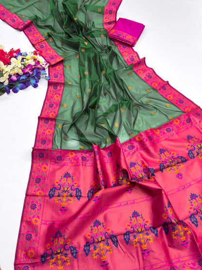 Royal Banarasi Saree with Contrast Blouse & Floral Motifs- PERROT