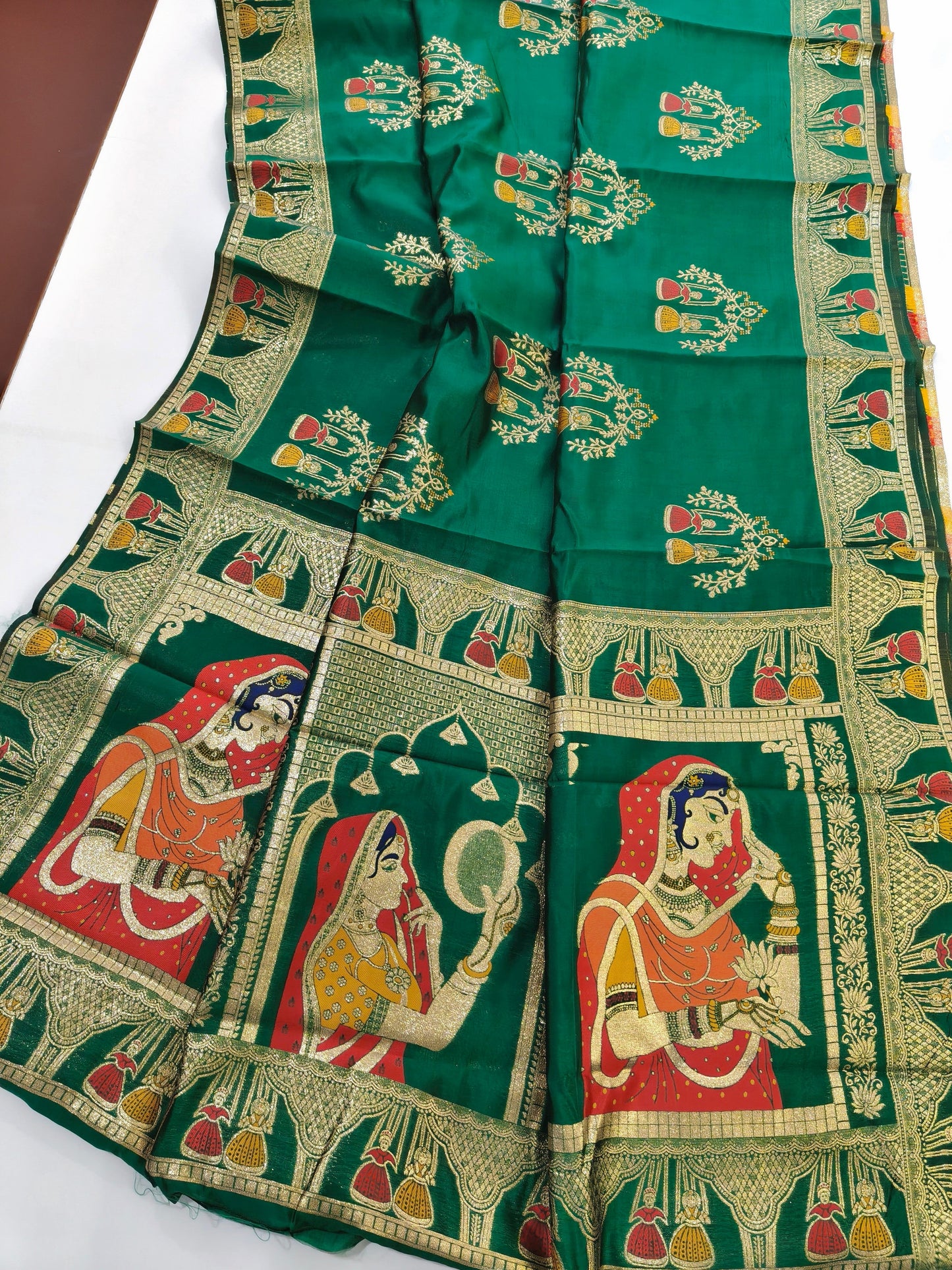 SOFT BANARASI PASHMINA  SAREE WITH ZARI BORDER -  PARROT