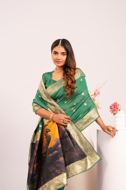 Traditional Paithani Saree with Zari Butti & Storytelling Pallu - PERROT