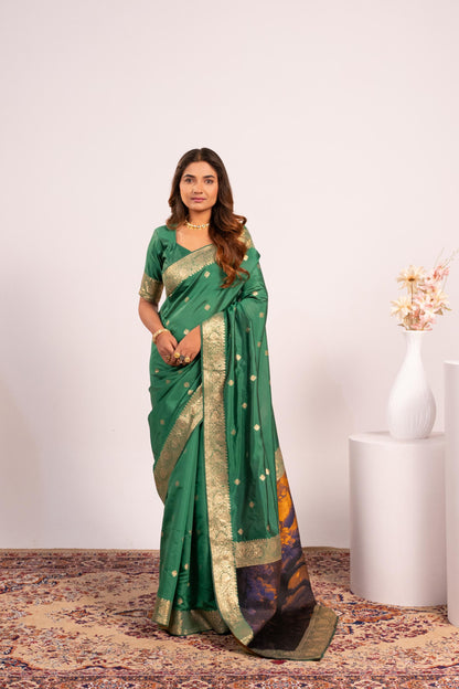 Traditional Paithani Saree with Zari Butti & Storytelling Pallu - PERROT
