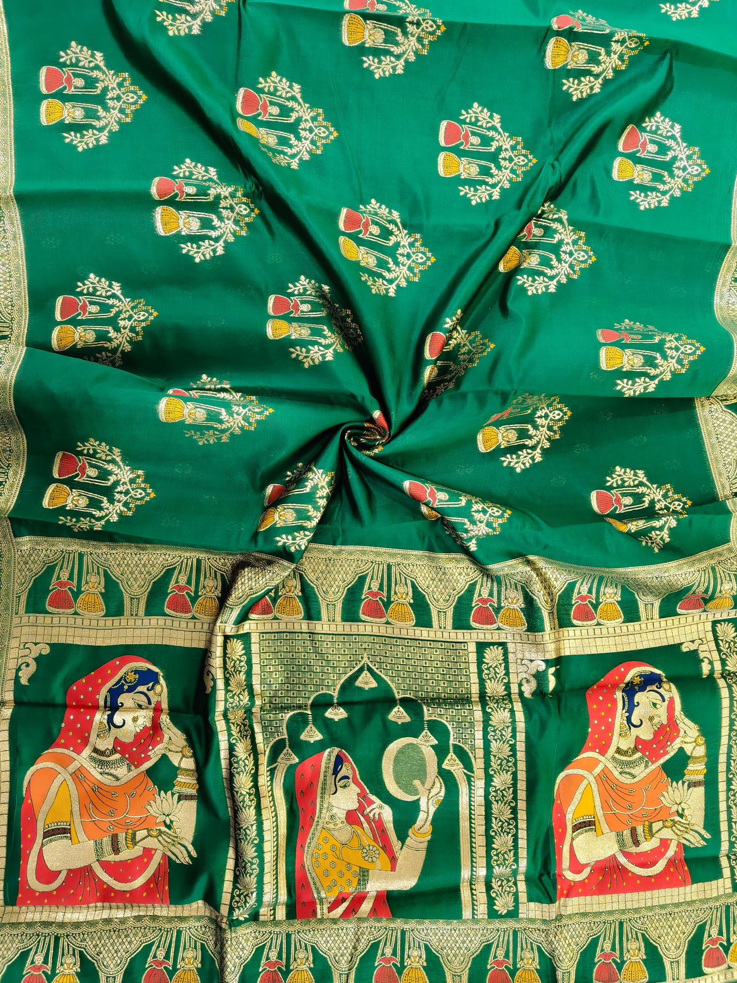SOFT BANARASI PASHMINA  SAREE WITH ZARI BORDER -  PARROT