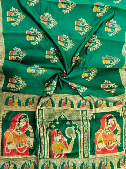 SOFT BANARASI PASHMINA  SAREE WITH ZARI BORDER -  PARROT