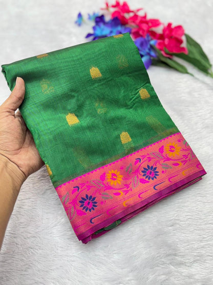 Royal Banarasi Saree with Contrast Blouse & Floral Motifs- PERROT