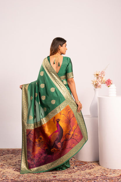 Handloom Banarasi Paithani Silk Saree with Artistic Peacock Pallu - PERROT