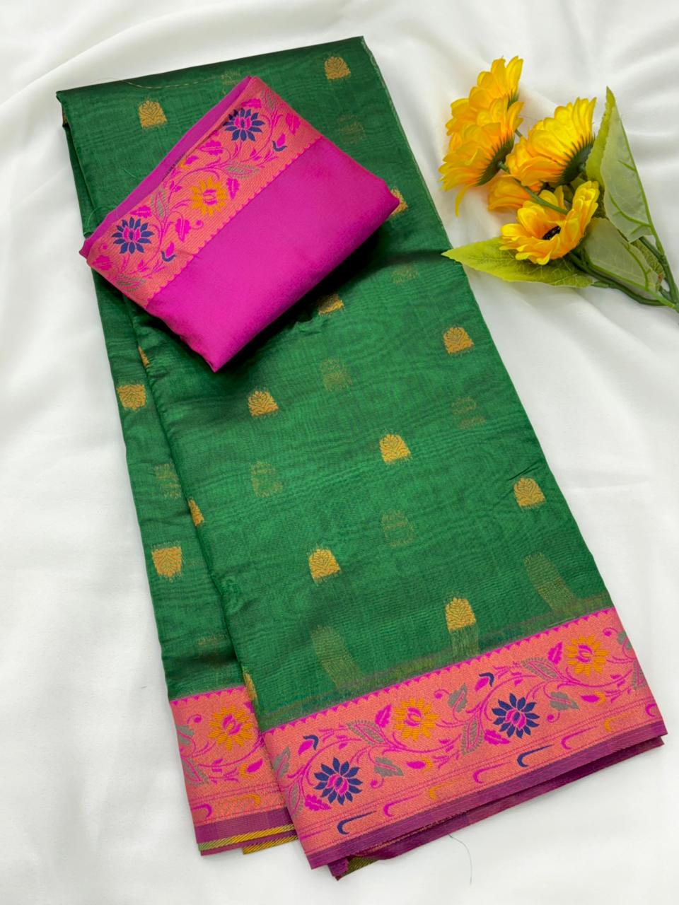 Royal Banarasi Saree with Contrast Blouse & Floral Motifs- PERROT