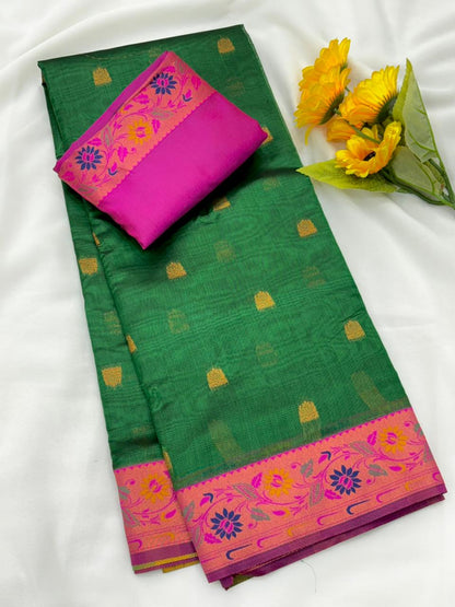 Royal Banarasi Saree with Contrast Blouse & Floral Motifs- PERROT