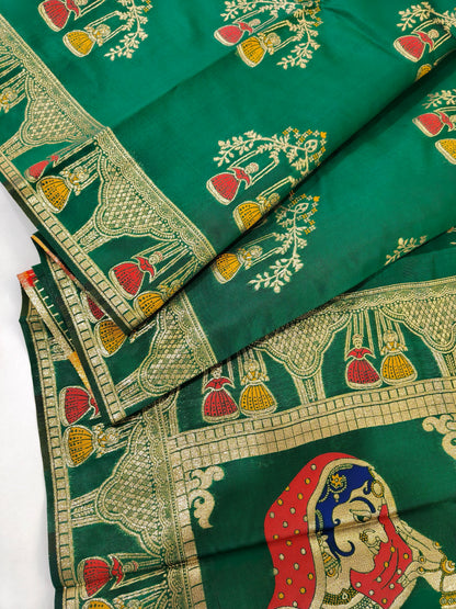 SOFT BANARASI PASHMINA  SAREE WITH ZARI BORDER -  PARROT