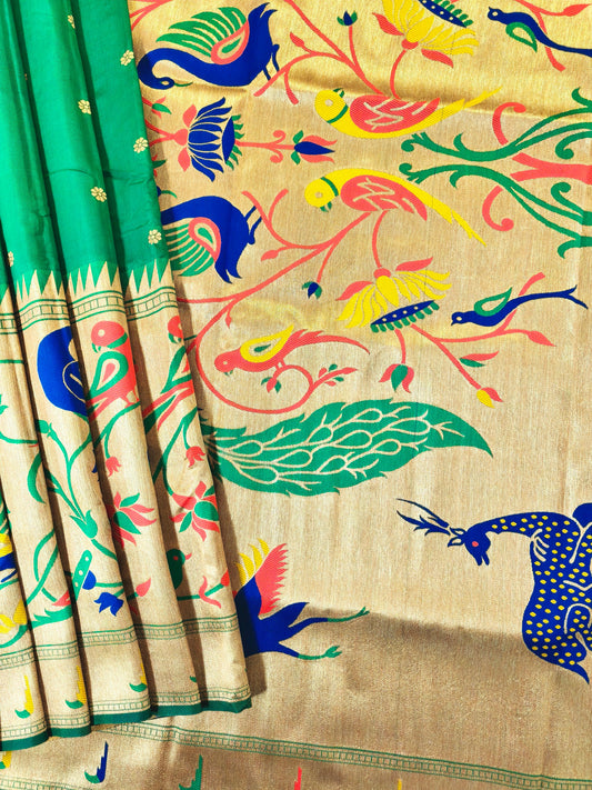 Premium Teal Silk Saree with Peacock & Bird Woven Pallu- PARROT