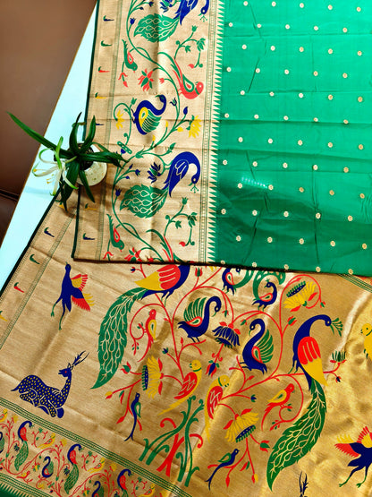 Premium Teal Silk Saree with Peacock & Bird Woven Pallu- PARROT