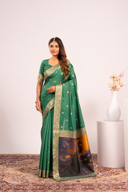 Traditional Paithani Saree with Zari Butti & Storytelling Pallu - PERROT