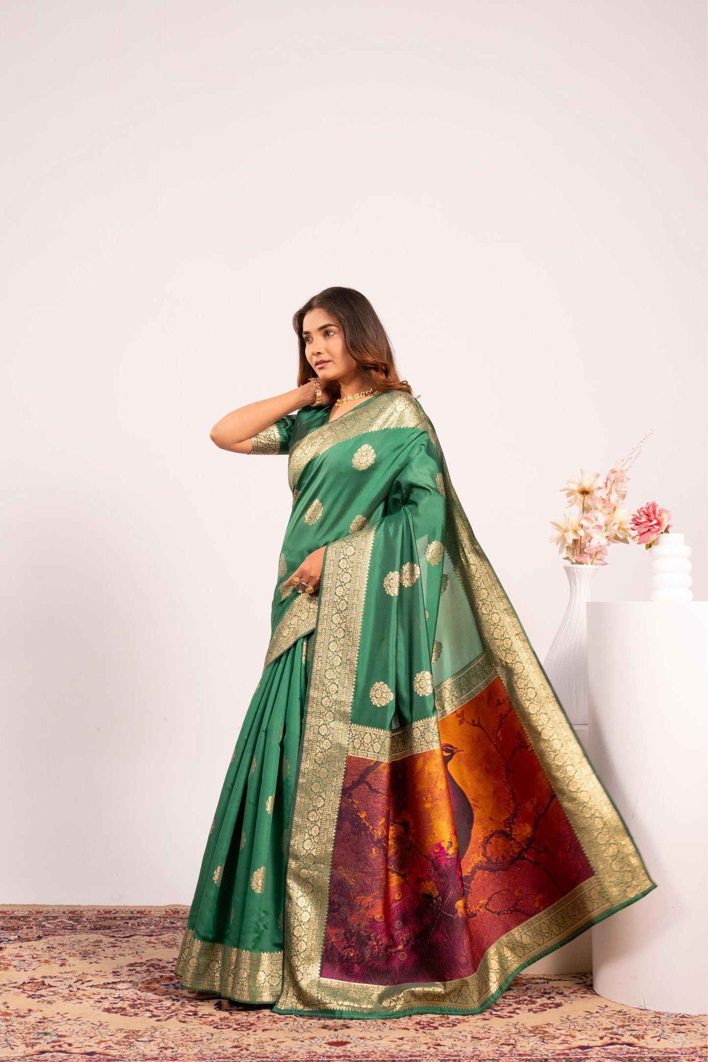 Handloom Banarasi Paithani Silk Saree with Artistic Peacock Pallu - PERROT