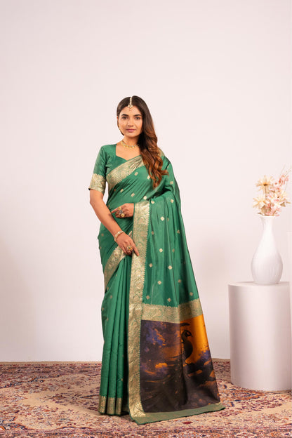 Traditional Paithani Saree with Zari Butti & Storytelling Pallu - PERROT