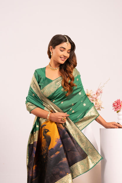 Traditional Paithani Saree with Zari Butti & Storytelling Pallu - PERROT