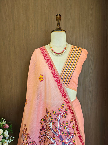 Classic Muga Cotton Saree with Unstitched Blouse and Artistic Border-PINK