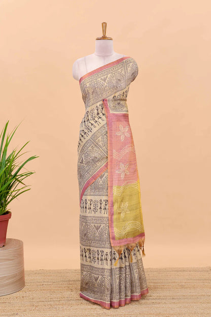Tissue Tussar Zari Saree With Print Warli -  PINK-YELLOW