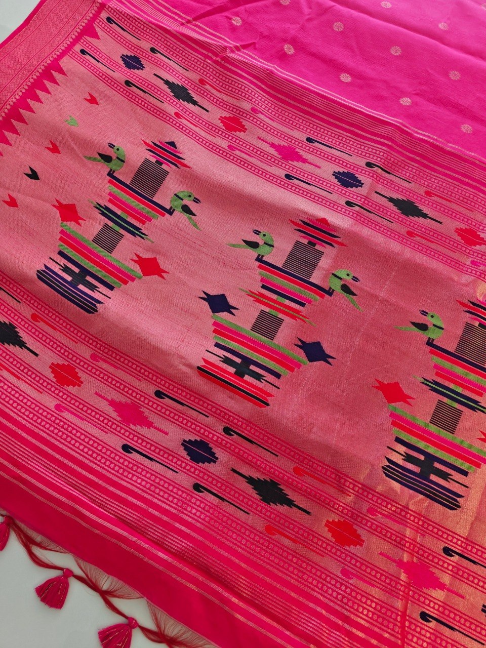Khadi Raw Silk Saree with Traditional Woven Border & Multicolor Motifs -PINK